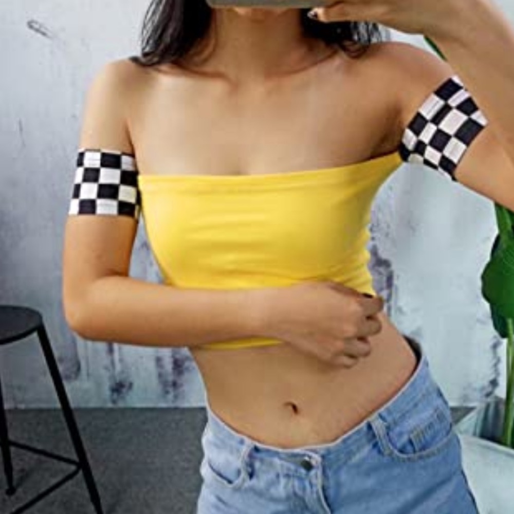 Yellow off the shoulder racer crop top